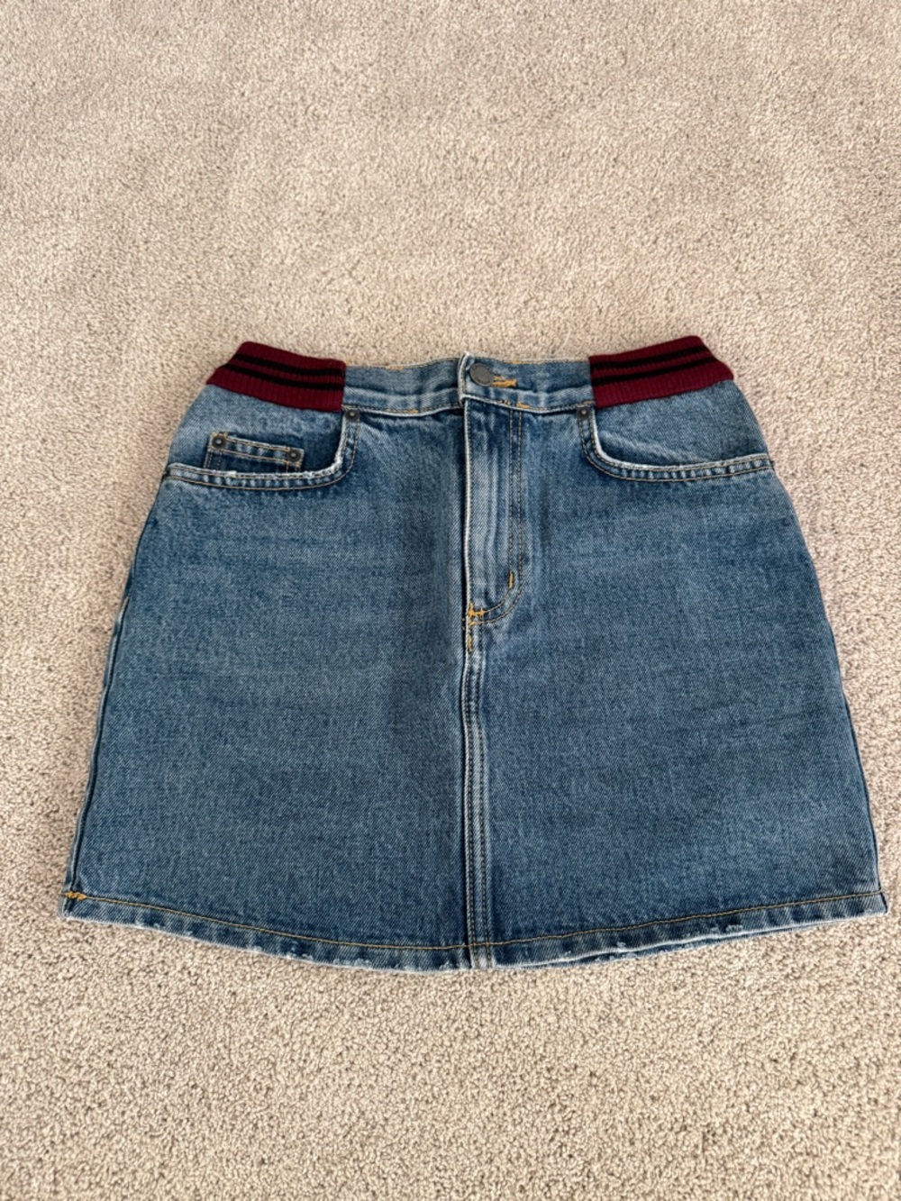 Denim A-Line Mini Skirt with Maroon Trim